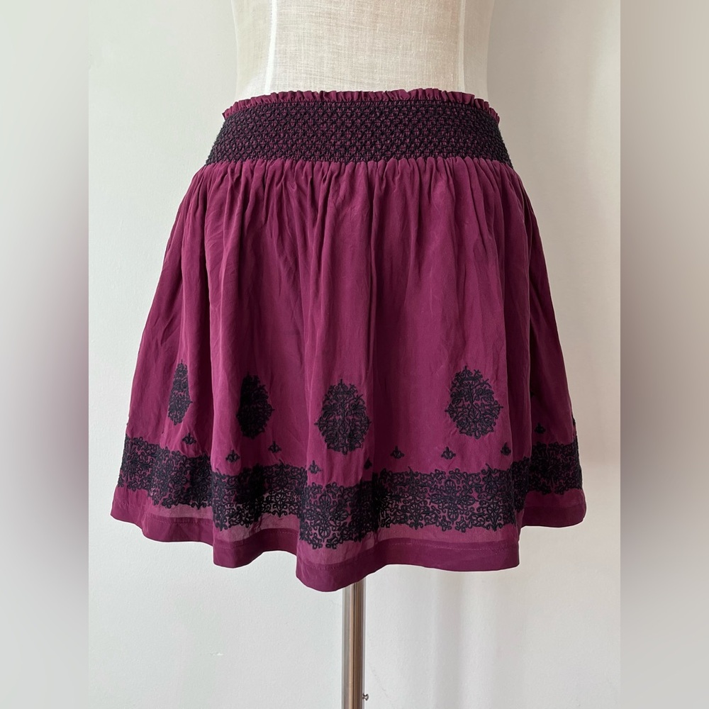 Urban Outfitters Silk Ecoté Embroidered Smocked Waist Mini Skirt Size M